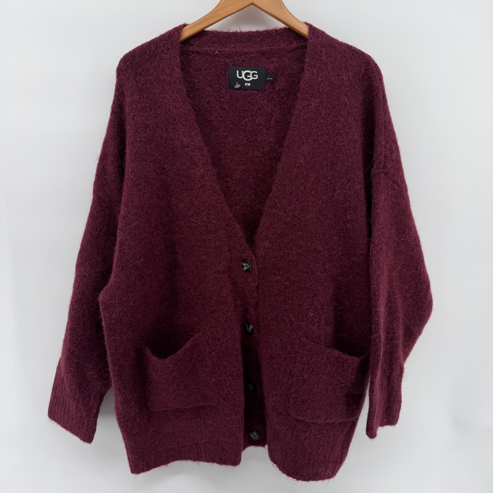 UGG RTW Women Burgundy Alpaca Wool Blend Oversized Cardigan Sweater comfy cozy L